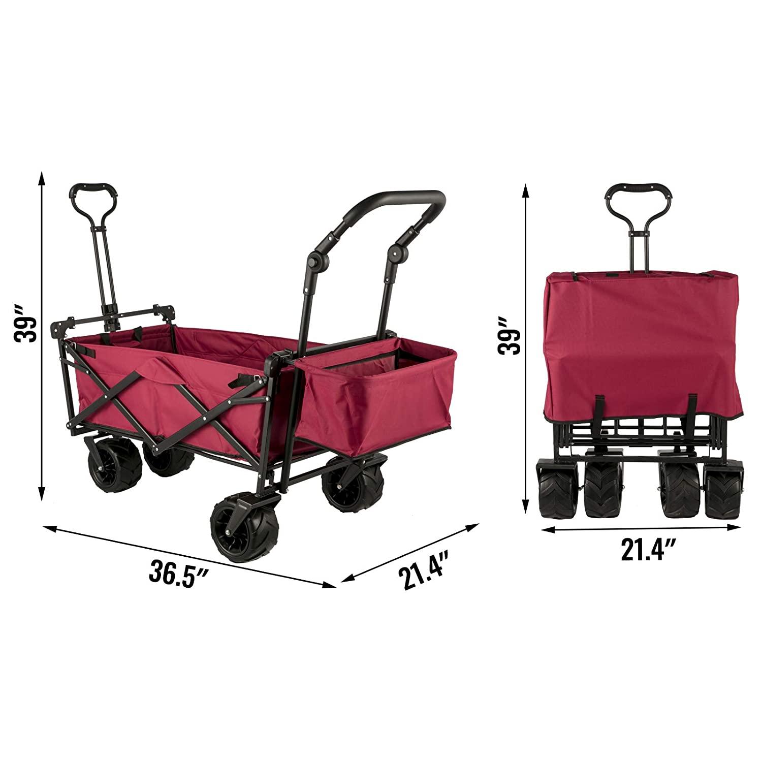 Foldable Handcart 92.7 x 54.3 x 98.5 cm, Foldable Handcart 100 kg, Red Handcart Roof Pneumatic Tires 600D Oxford Polyester, Foldable Handcart with 2 Velcro Straps, for Outdoor Activities - Sterilamo